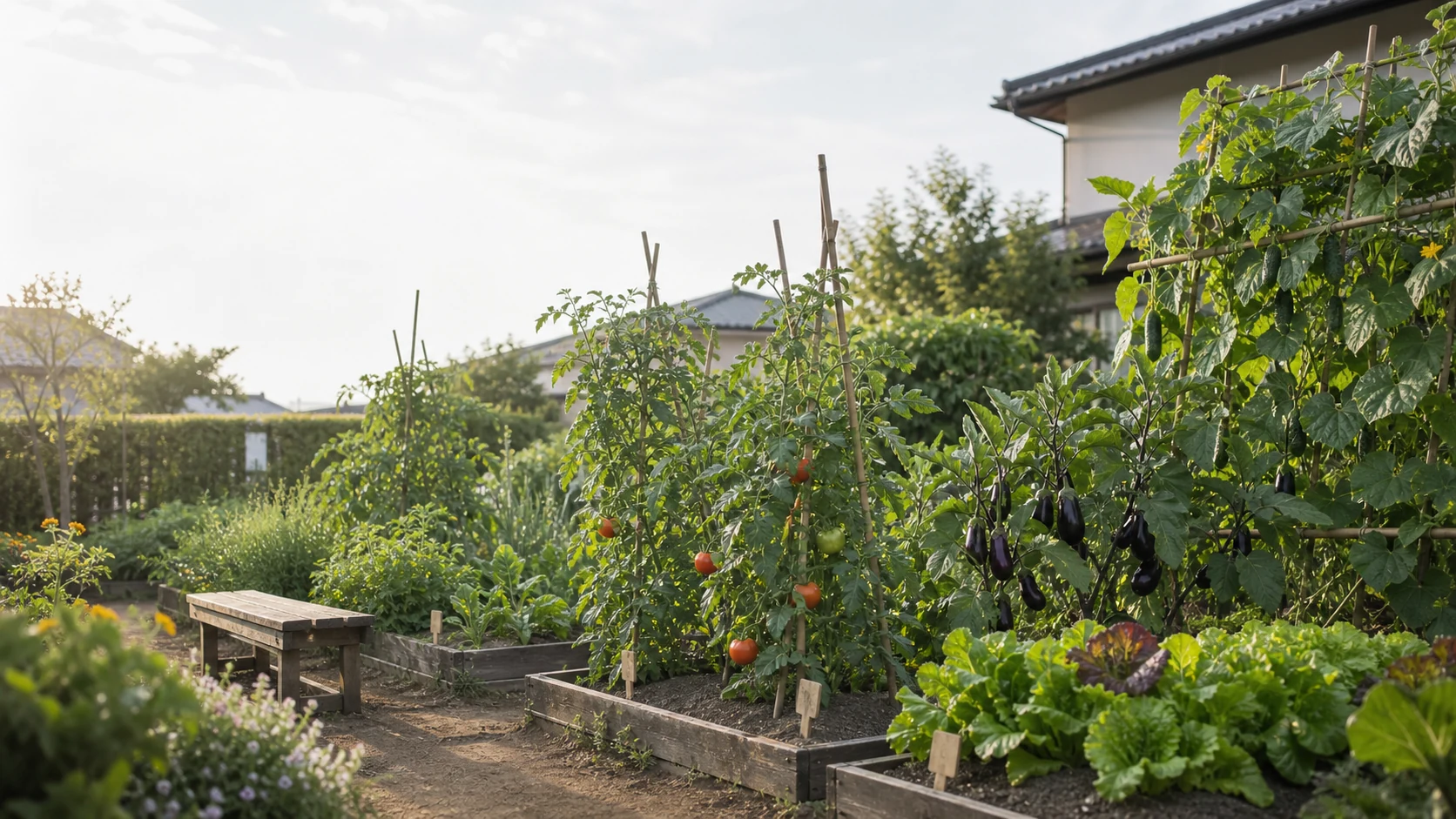 小さな庭でトマト、きゅうり、なす、葉物野菜が育つ家庭菜園
